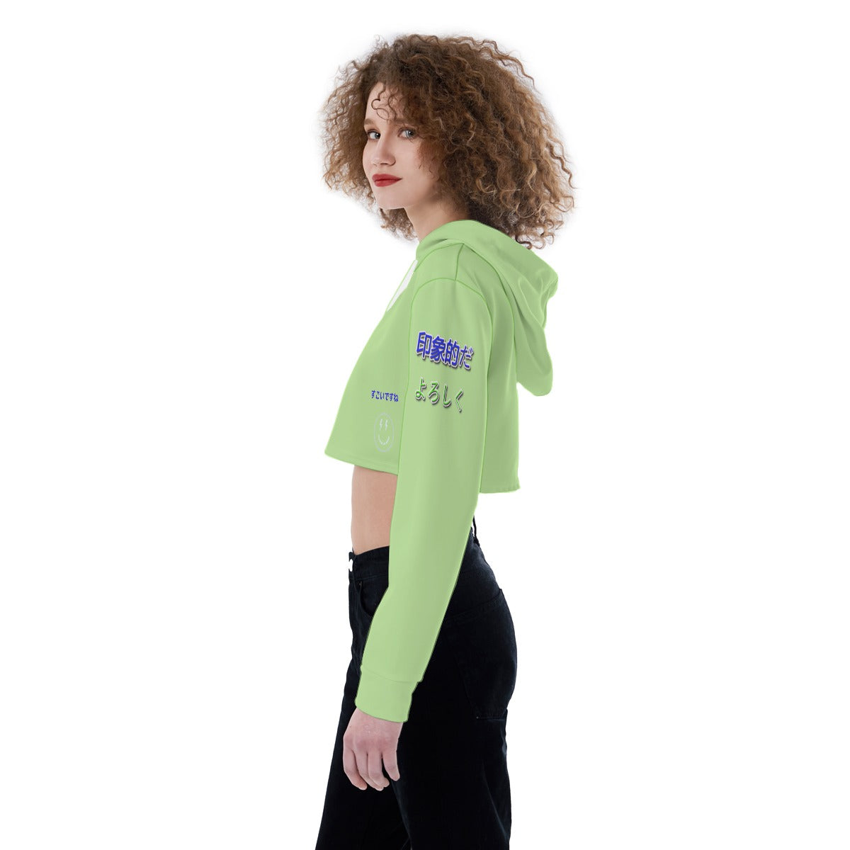 Women's Crop Top Hoodie COOL LOGO (GREEN)